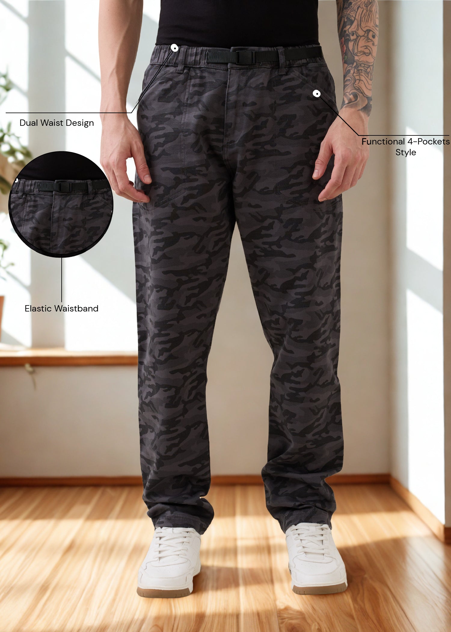 Crimson Cotton Camouflage Cargo: Dark Grey