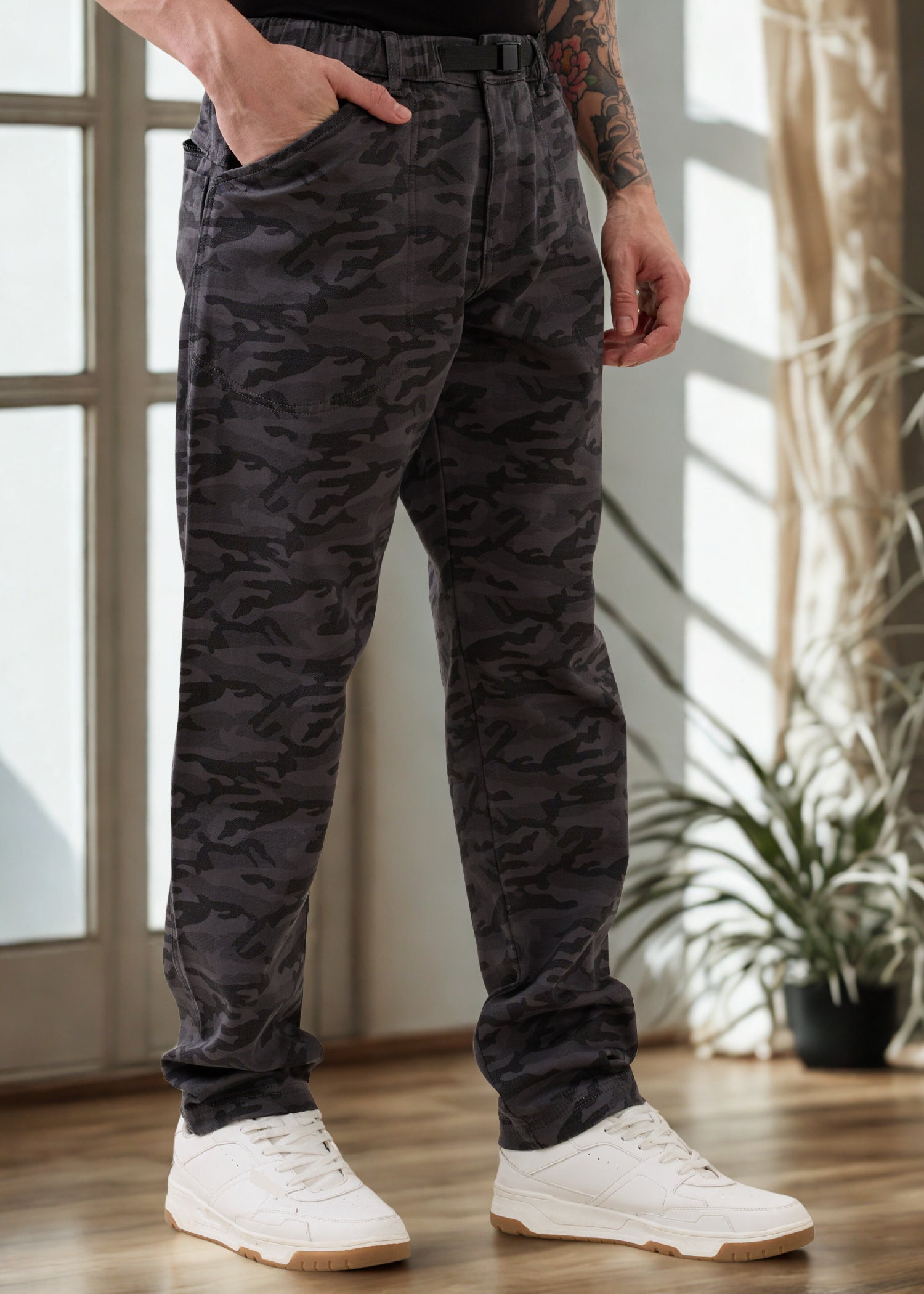 Nostrum Crimson Cotton Camouflage Dark Grey Cargo Pants for Men