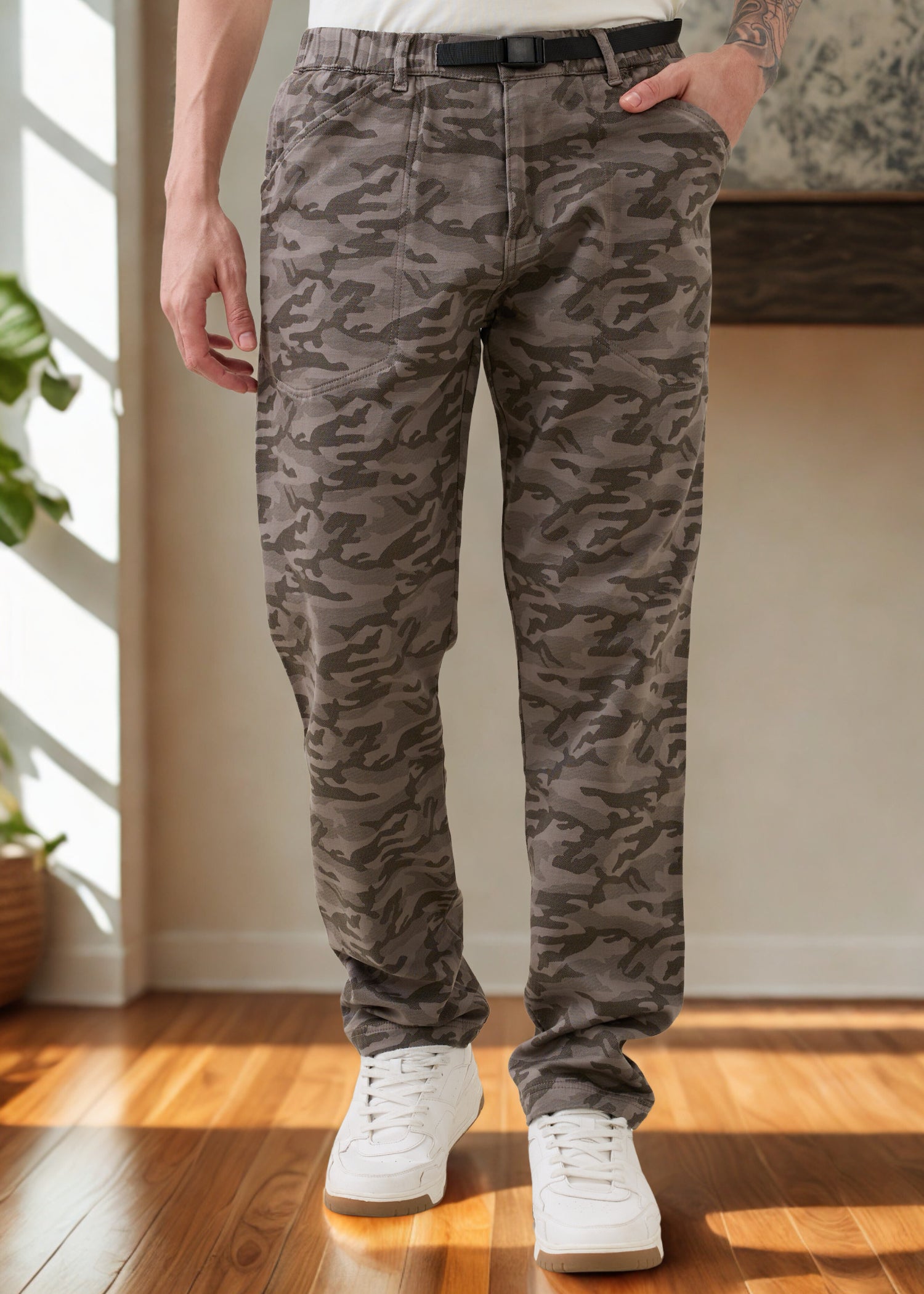 Nostrum Crimson Cotton Camouflage Light Olive Cargo Pants for Men