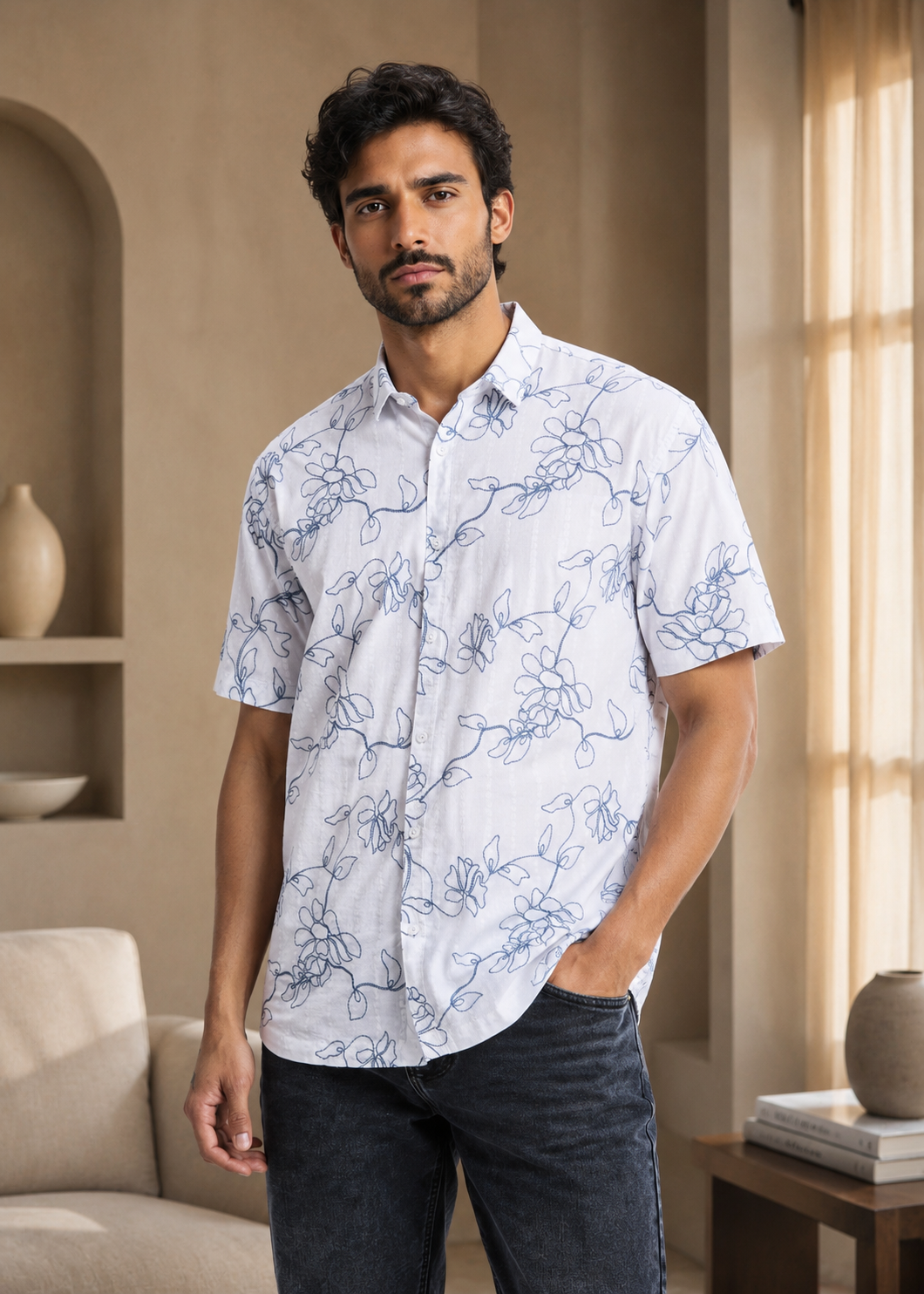 Kilmer Floral Line Art Print Casual Shirt