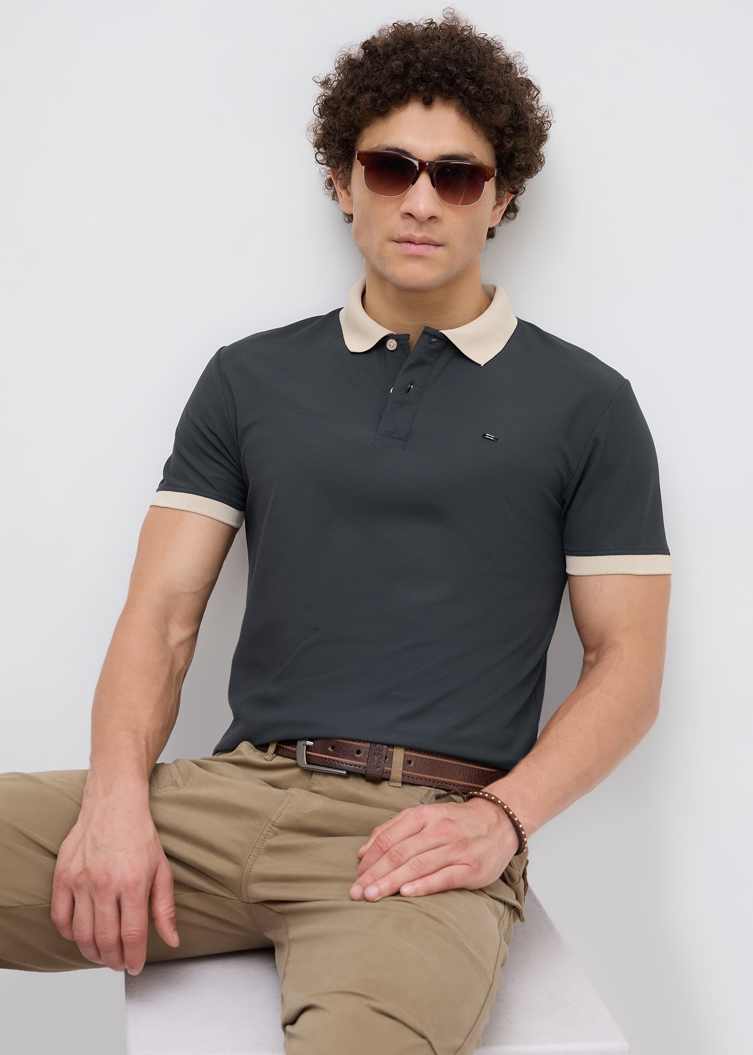 Mary Solid Polo T-Shirt: Grey
