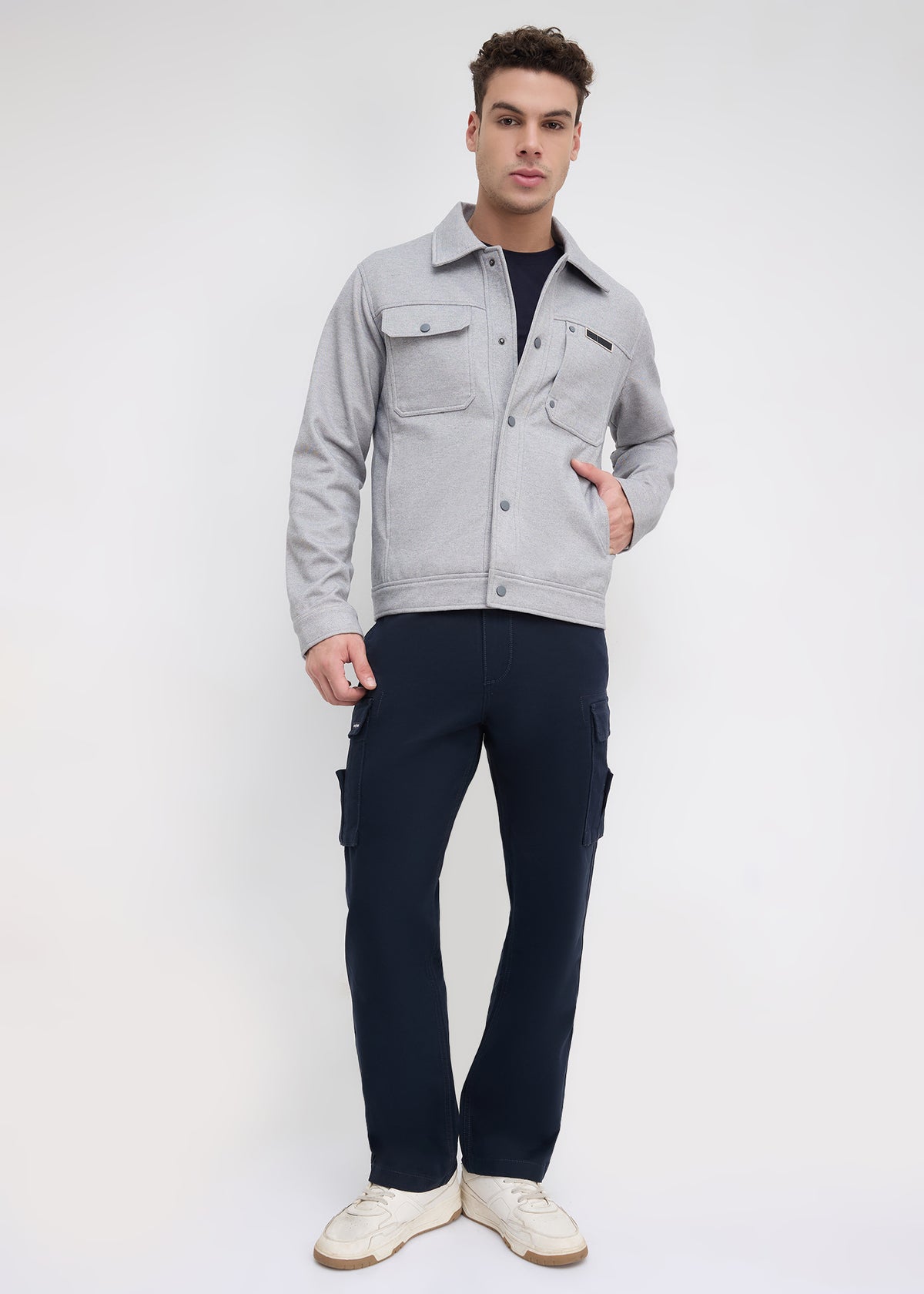 Semsale Snap-Button Utility Jacket: Grey