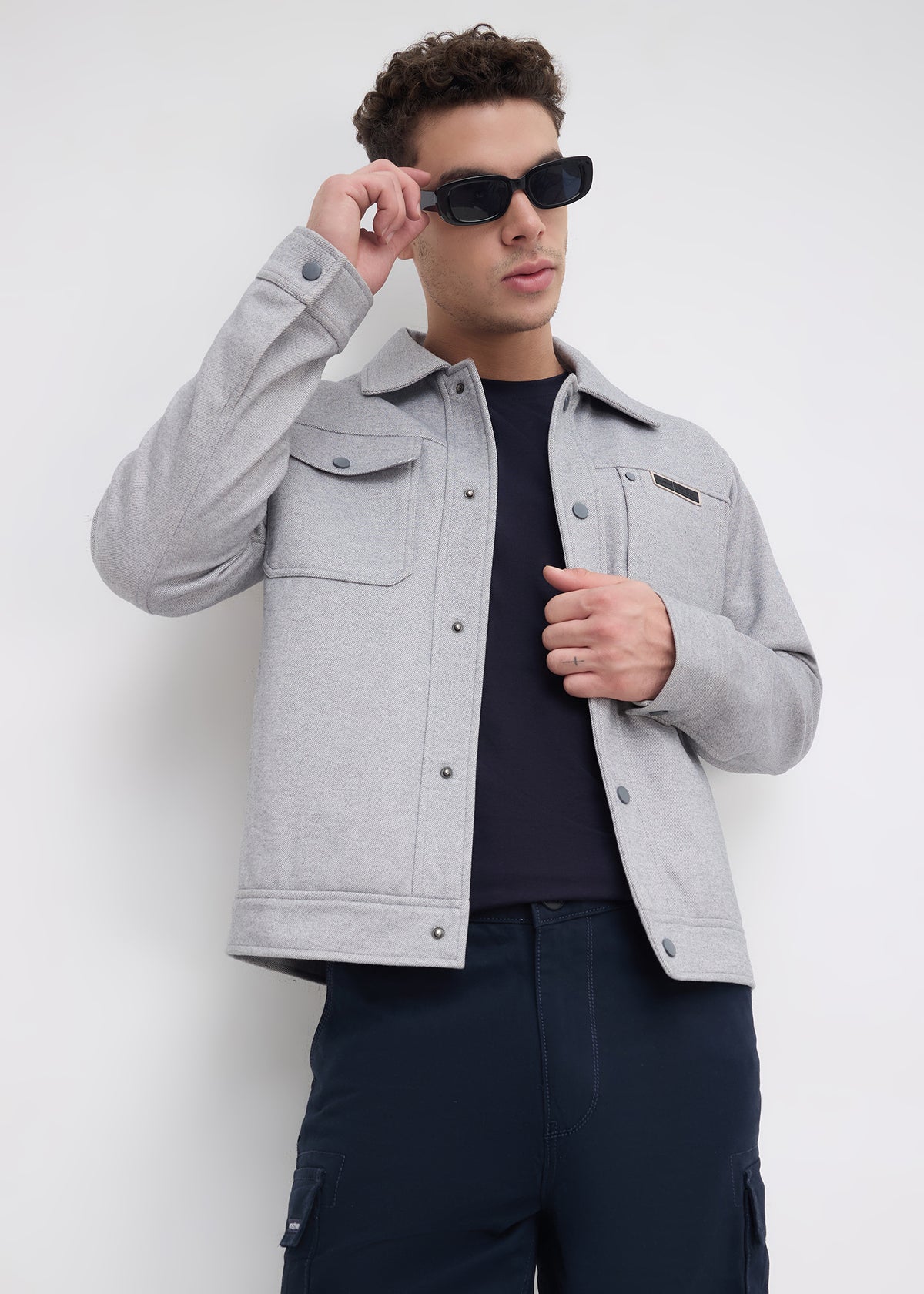 Semsale Snap-Button Utility Jacket: Grey