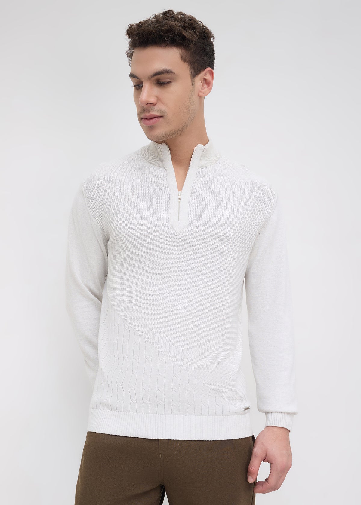 Tuksan Half-Zip Textured Knit Sweater: Ecru