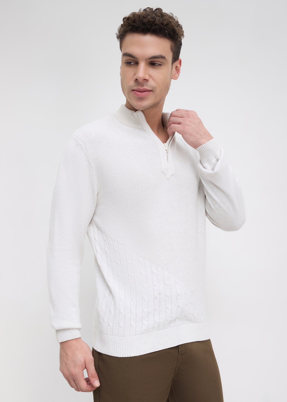 Tuksan Half-Zip Textured Knit Sweater: Ecru