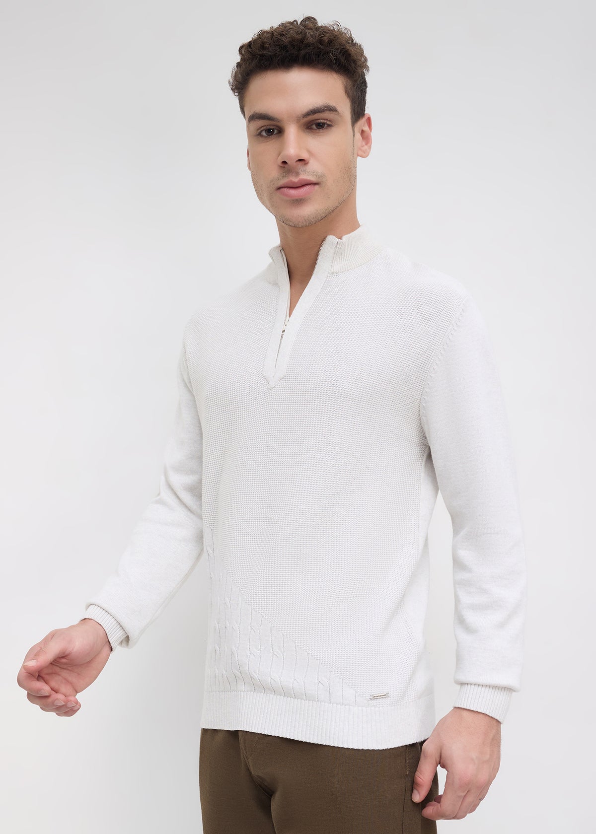 Tuksan Half-Zip Textured Knit Sweater: Ecru