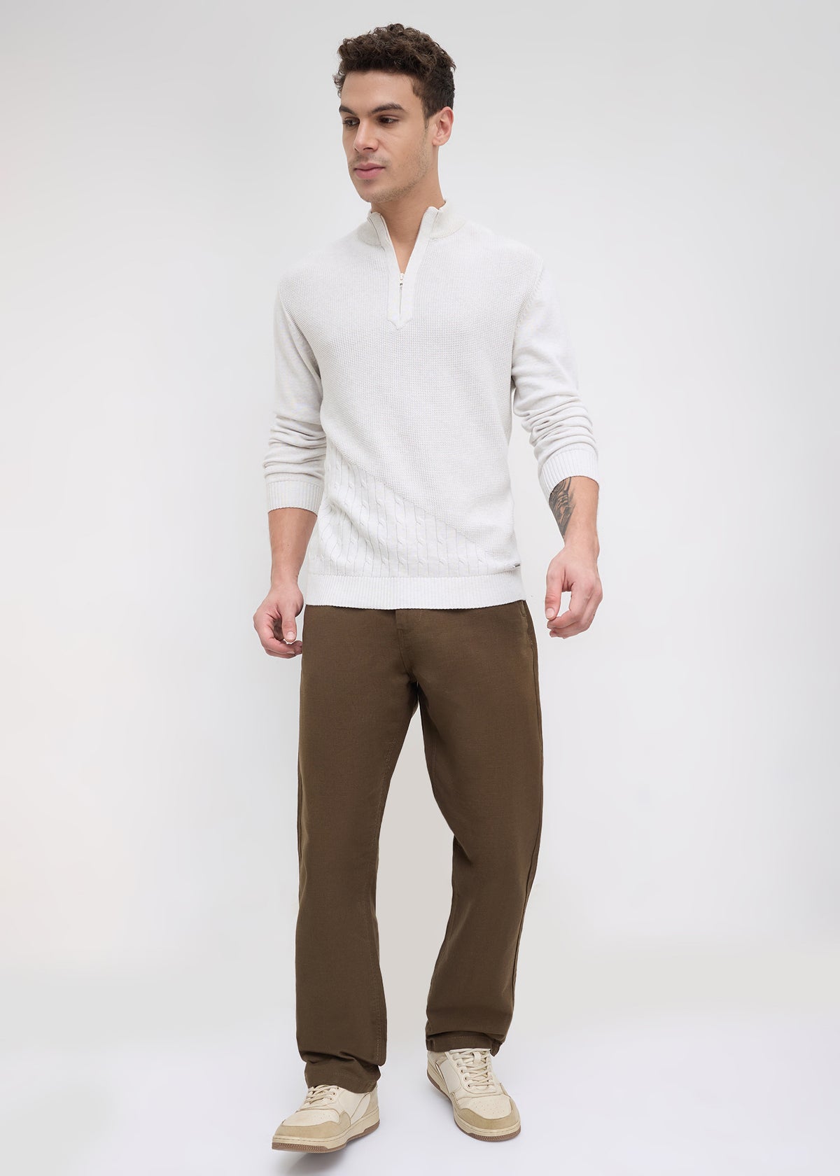 Tuksan Half-Zip Textured Knit Sweater: Ecru