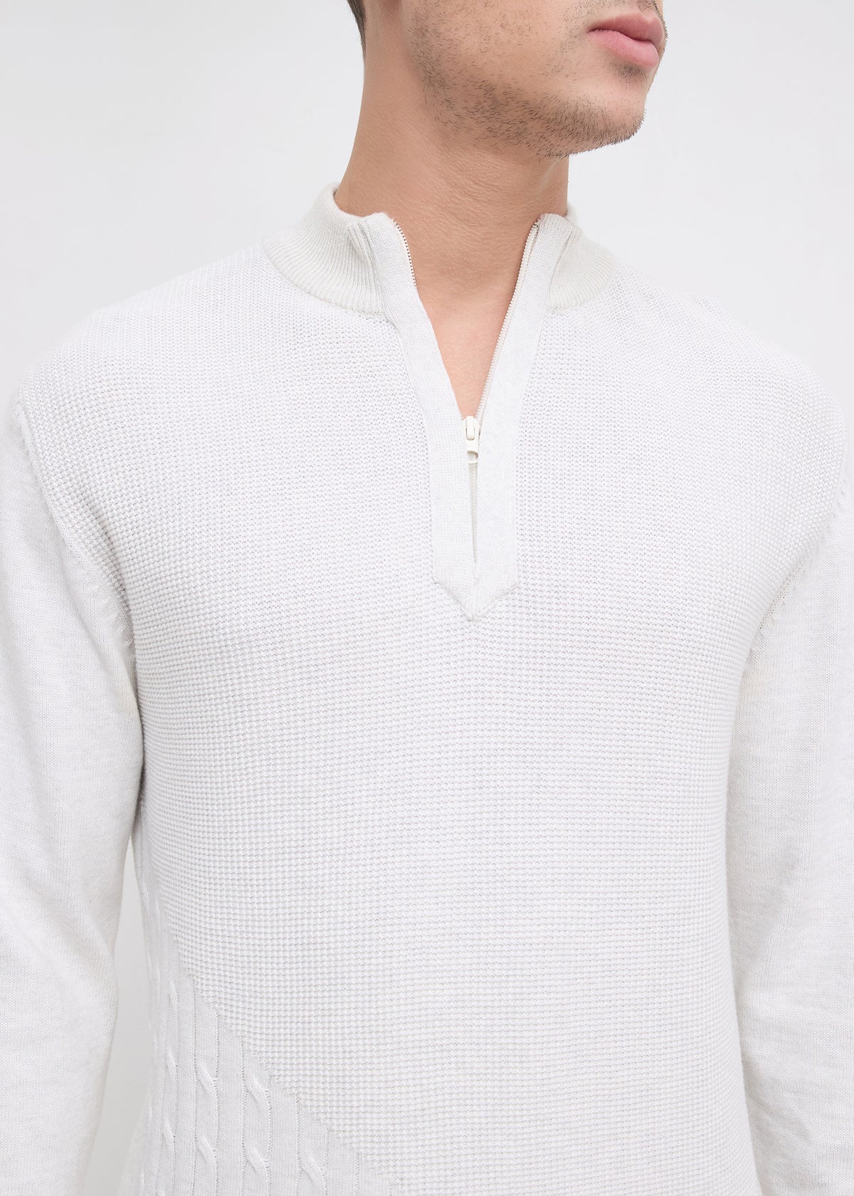 Tuksan Half-Zip Textured Knit Sweater: Ecru