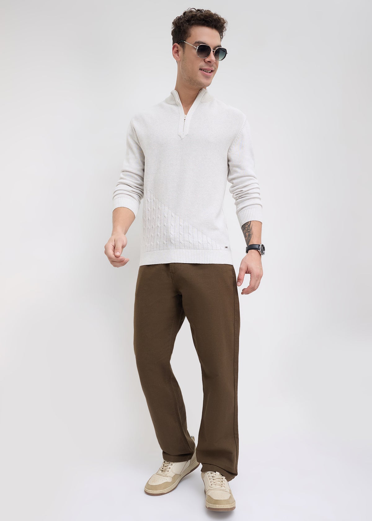 Tuksan Half-Zip Textured Knit Sweater: Ecru