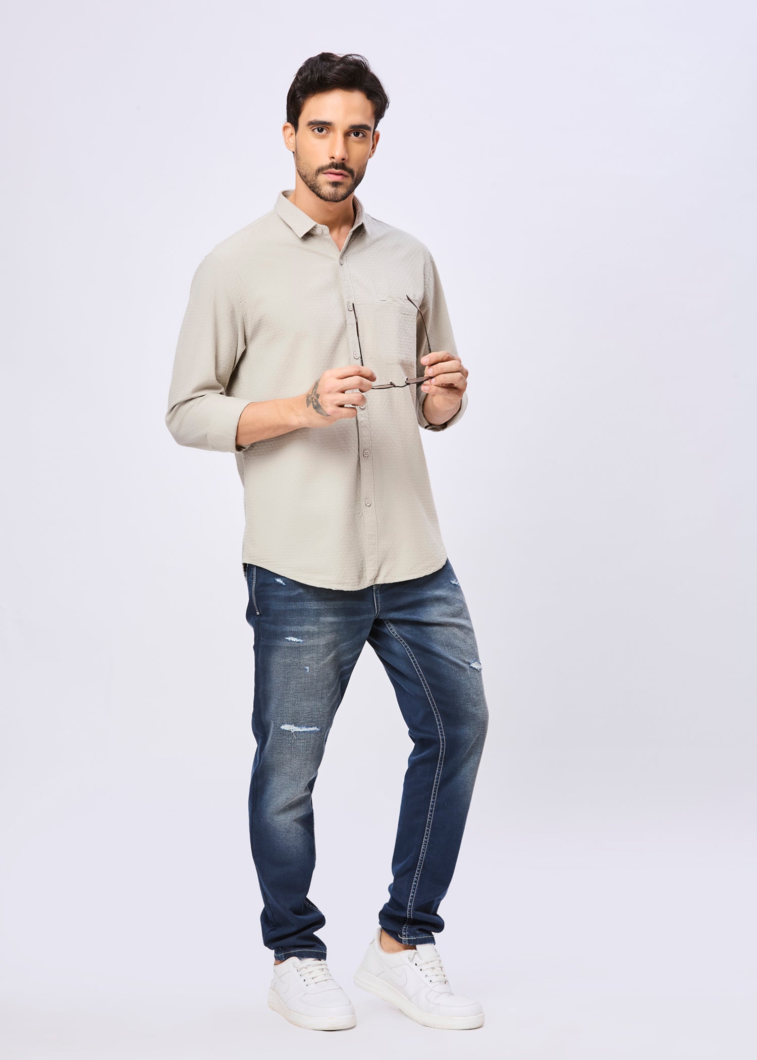 Polemic Solid Textured Weave Casual Shirt