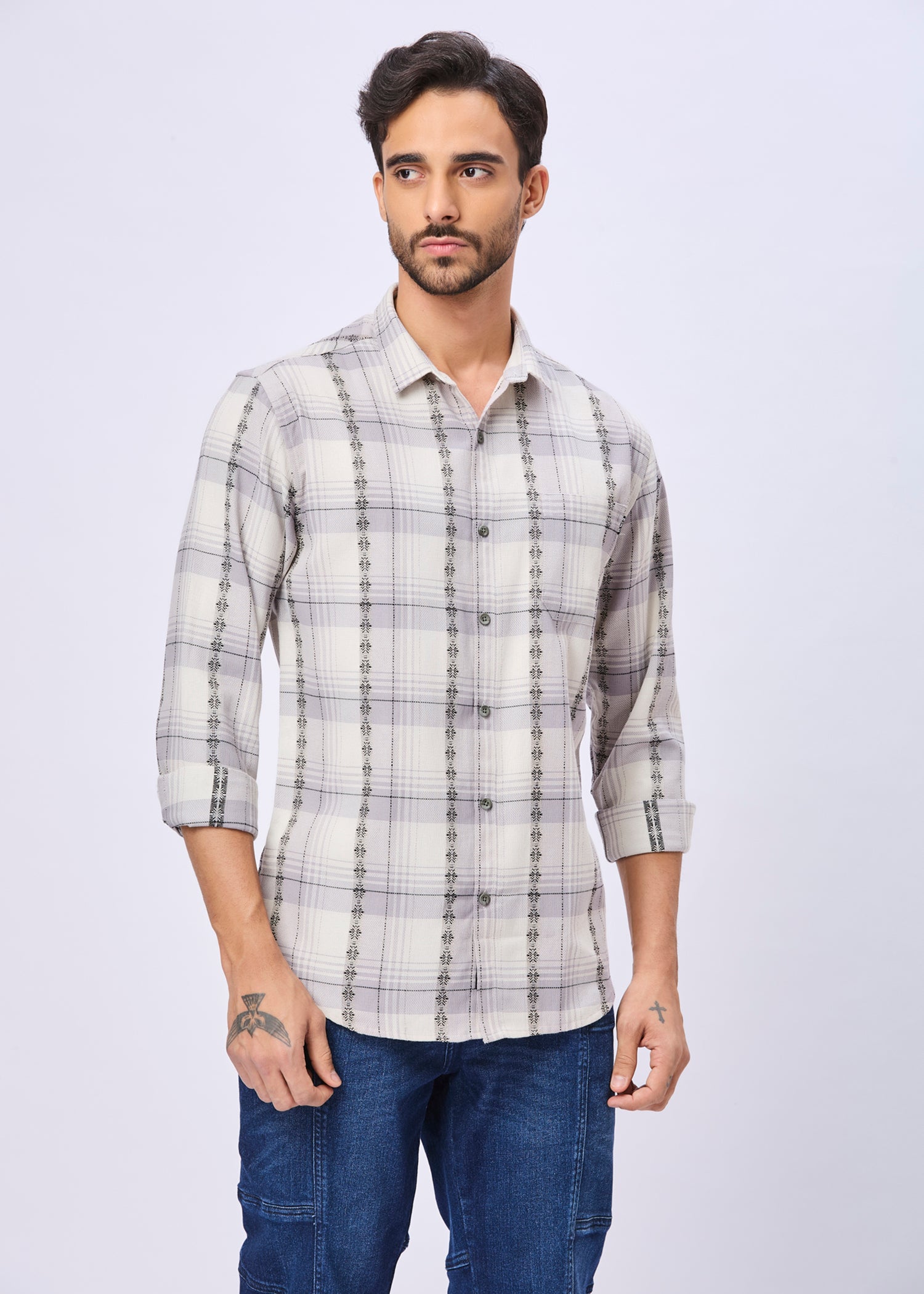 Odean Checked Ethnic Motif Print Casual Shirt