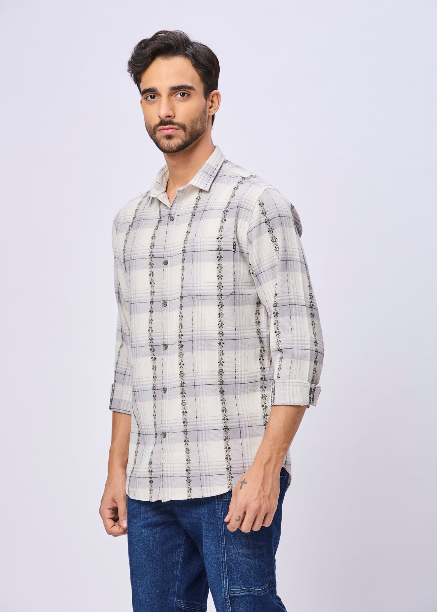 Odean Checked Ethnic Motif Print Casual Shirt