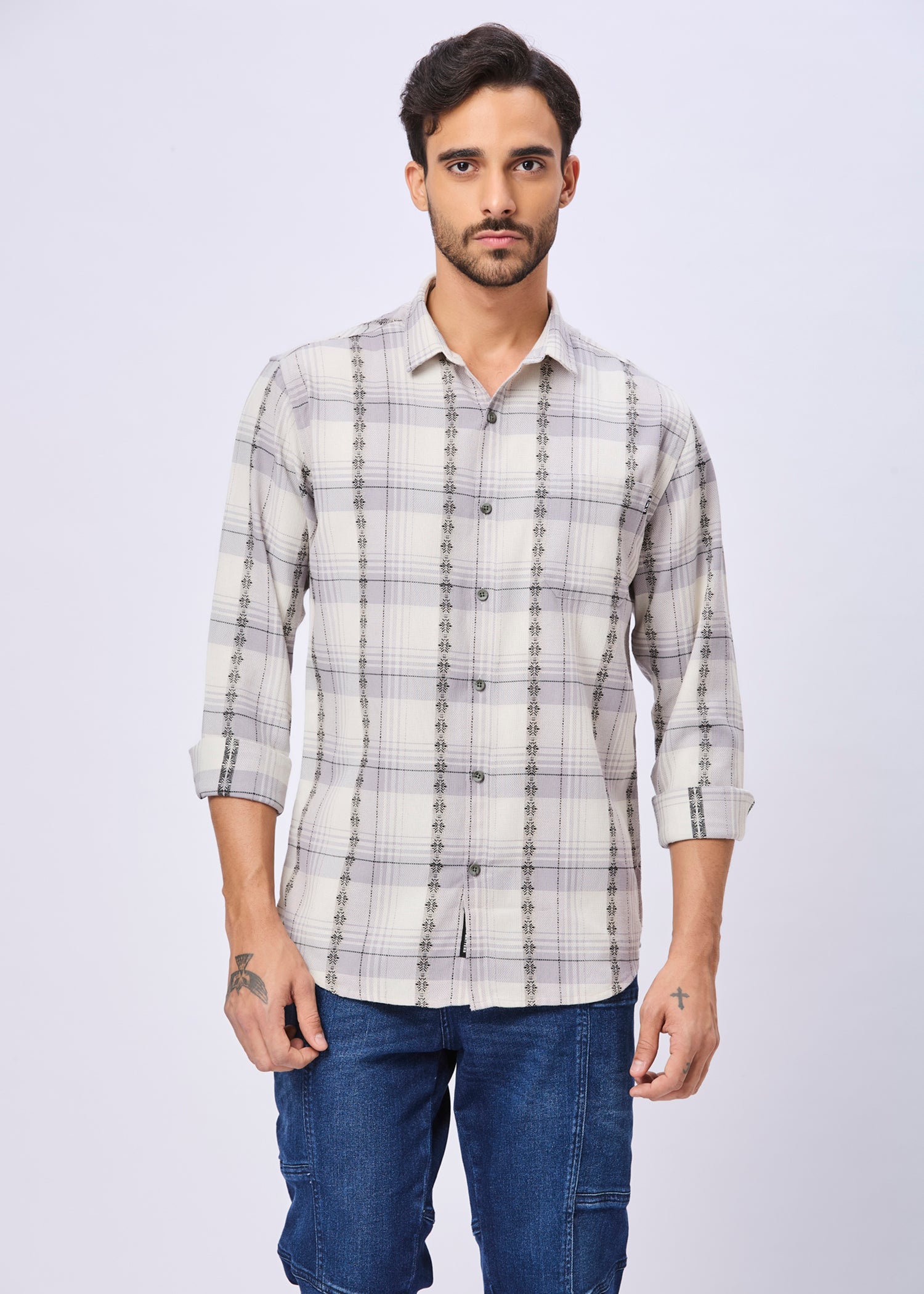 Odean Checked Ethnic Motif Print Casual Shirt