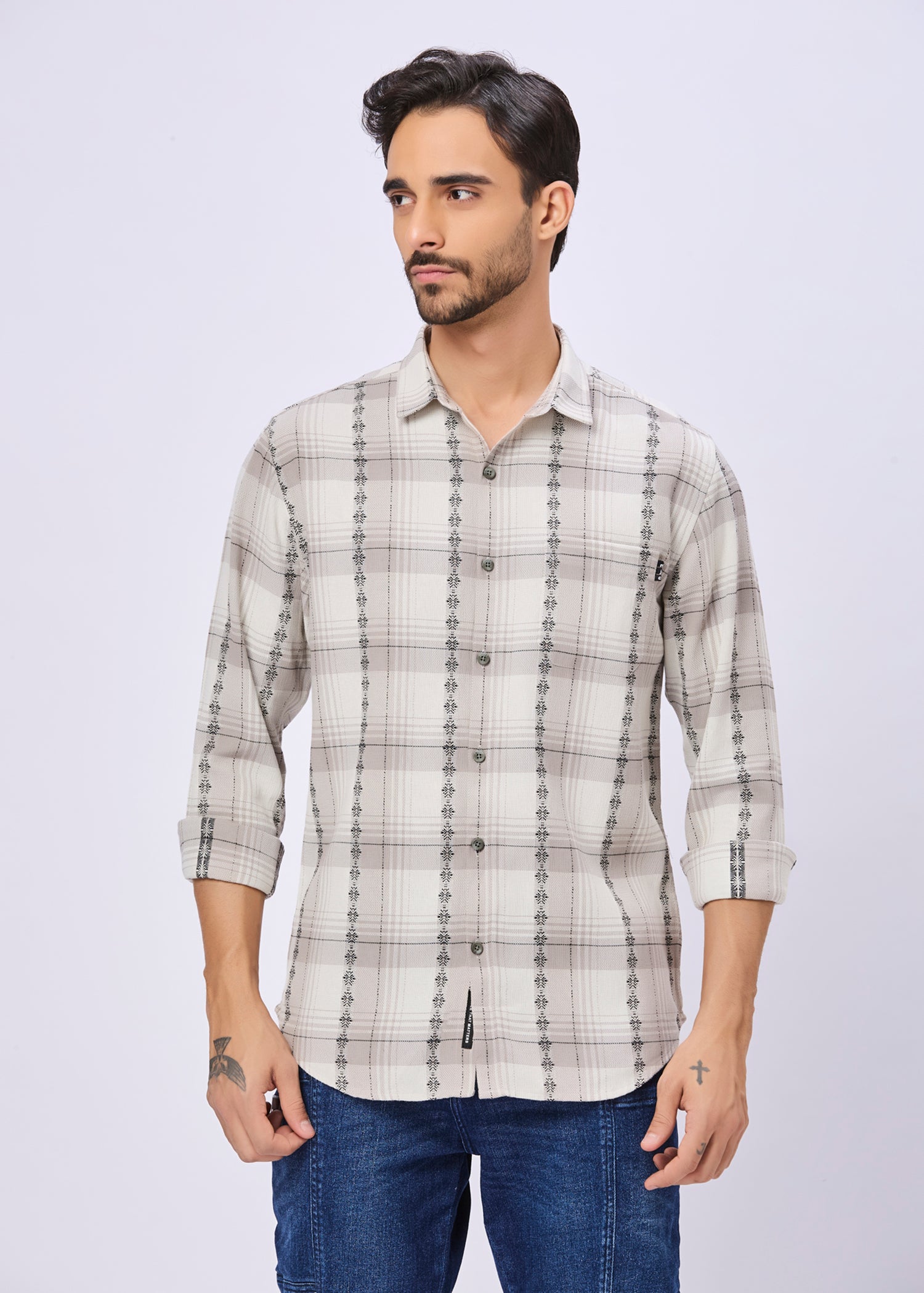 Odean Checked Ethnic Motif Print Casual Shirt