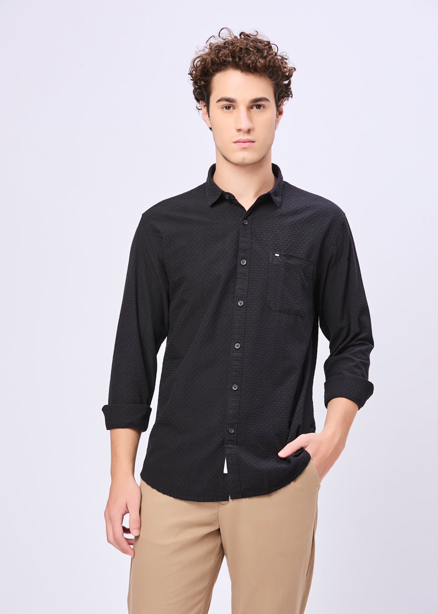 Polemic Solid Textured Weave Casual Shirt