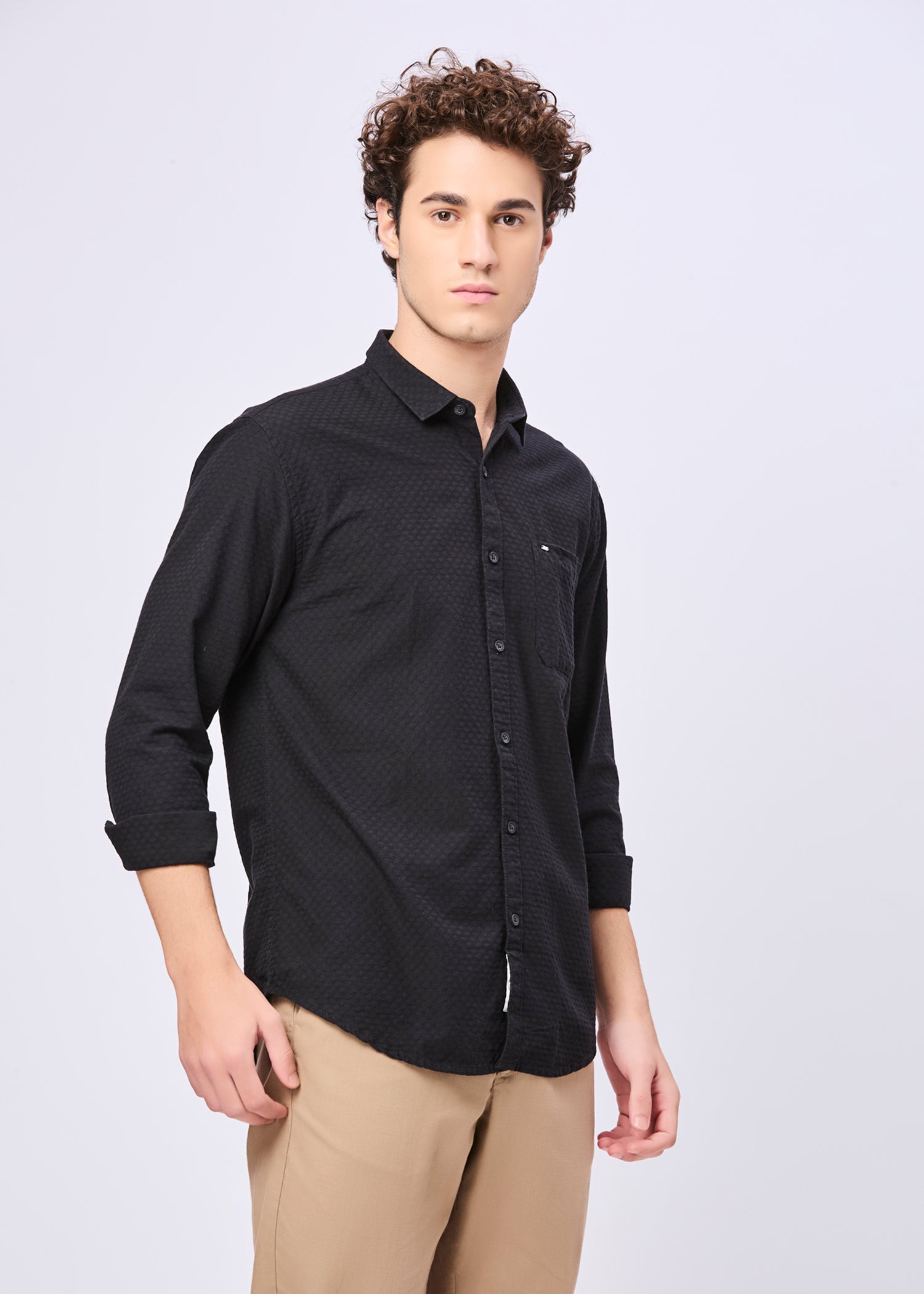 Polemic Solid Textured Weave Casual Shirt