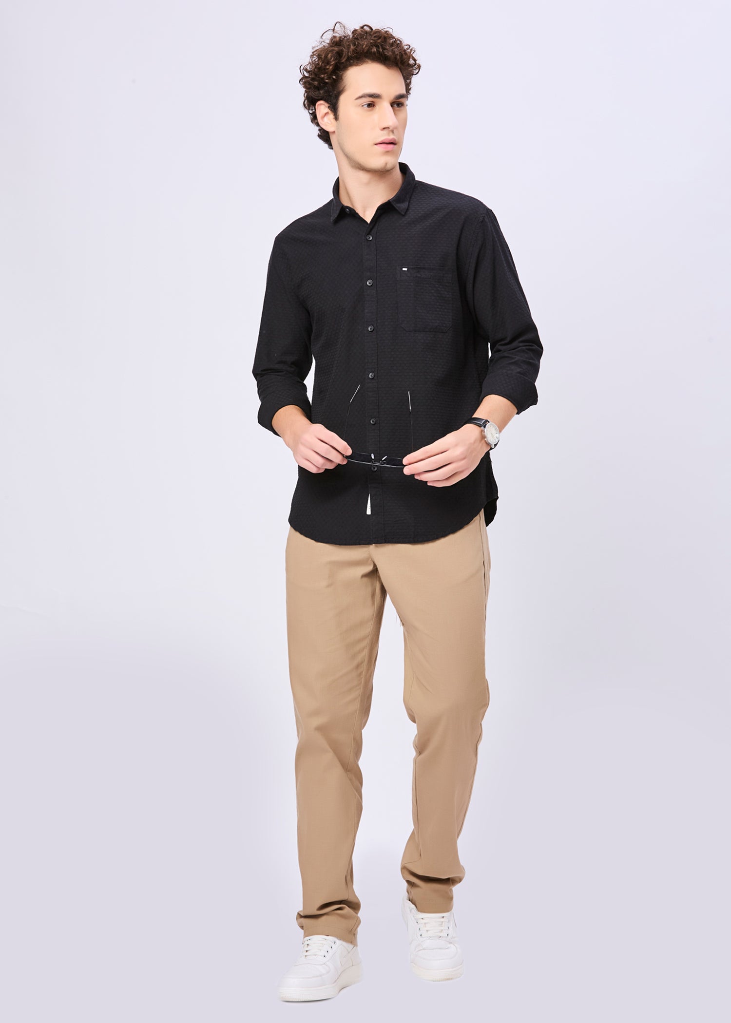 Polemic Solid Textured Weave Casual Shirt