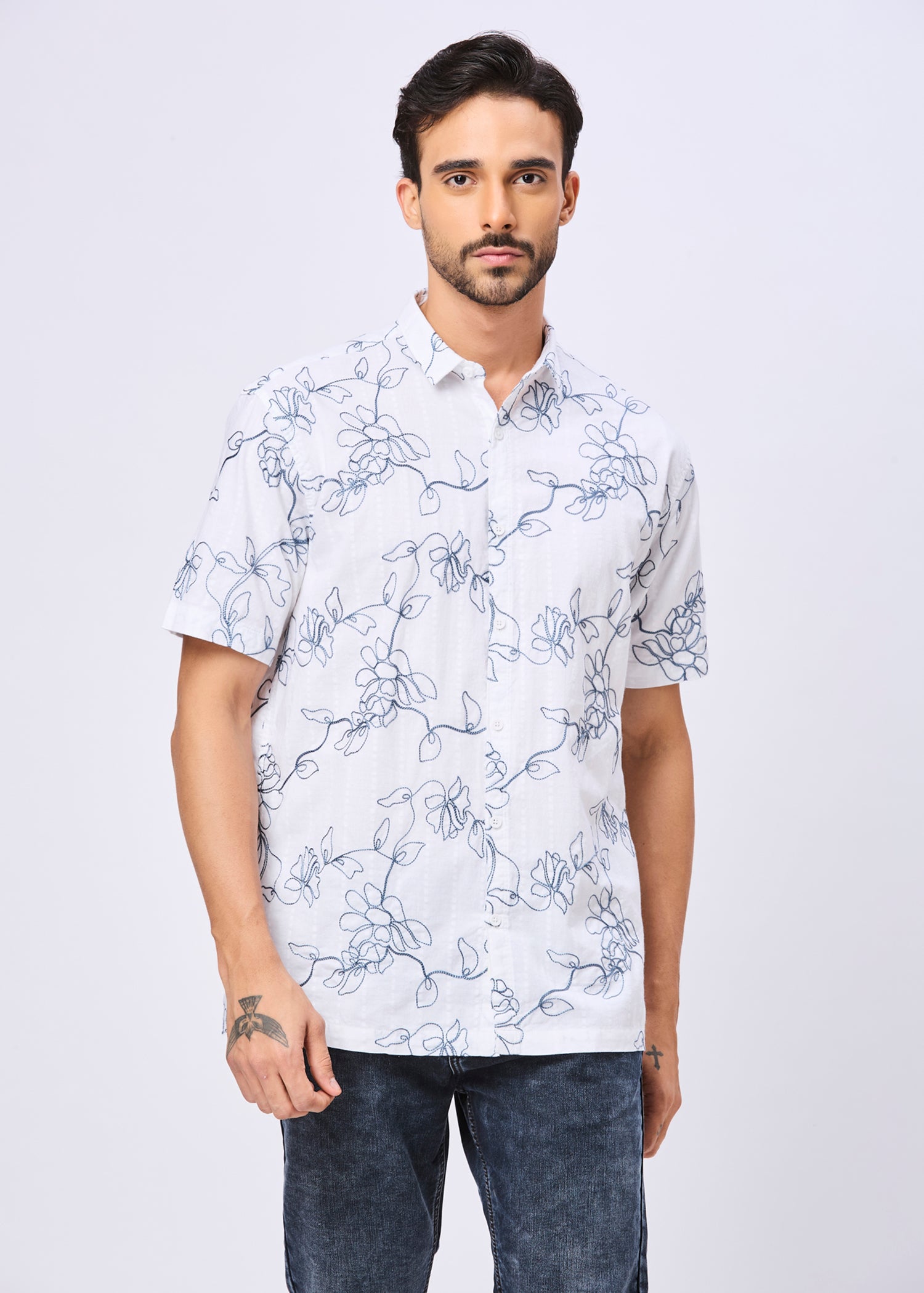 Kilmer Floral Line Art Print Casual Shirt