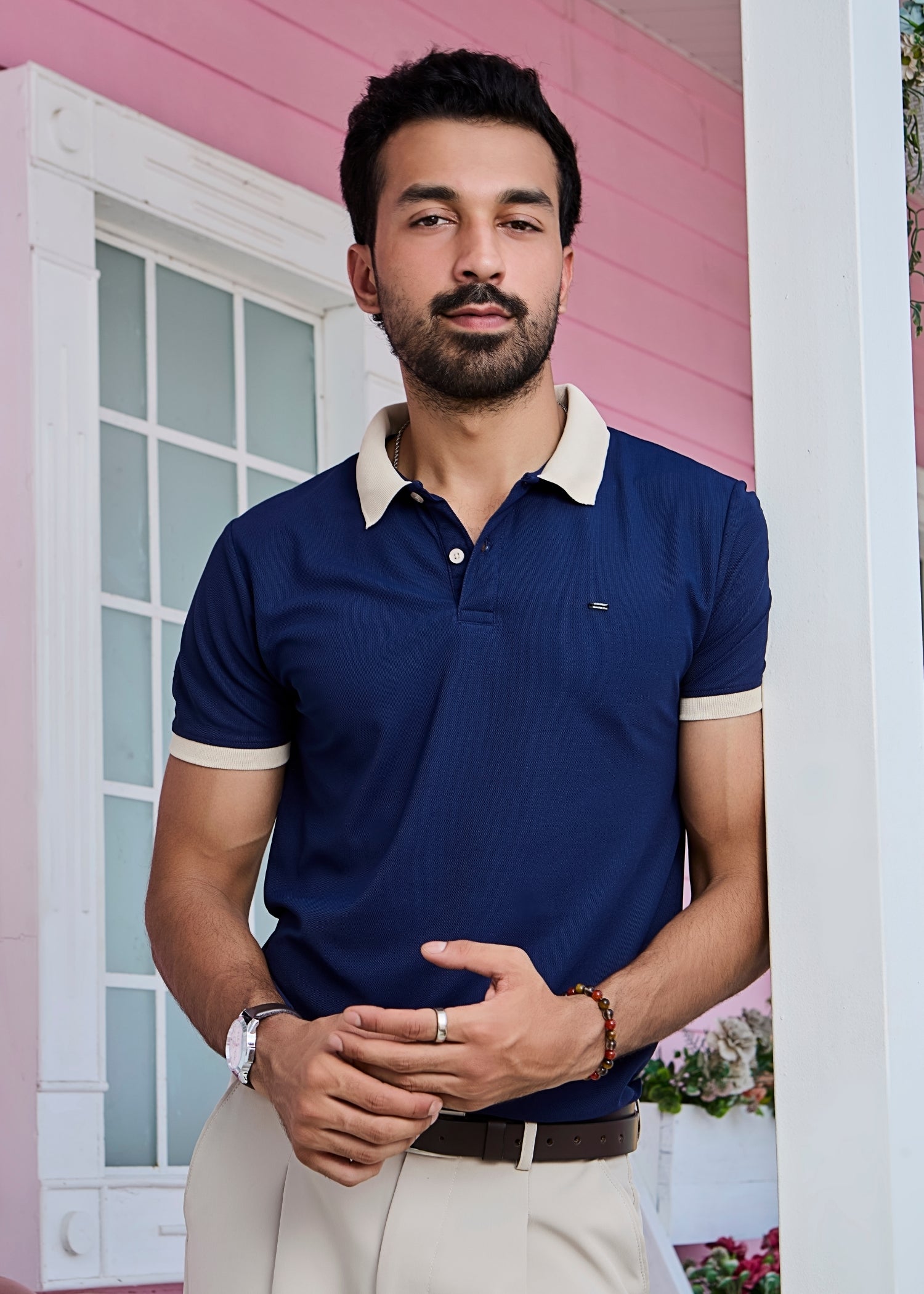 Mary Solid Polo T-Shirt: Navy
