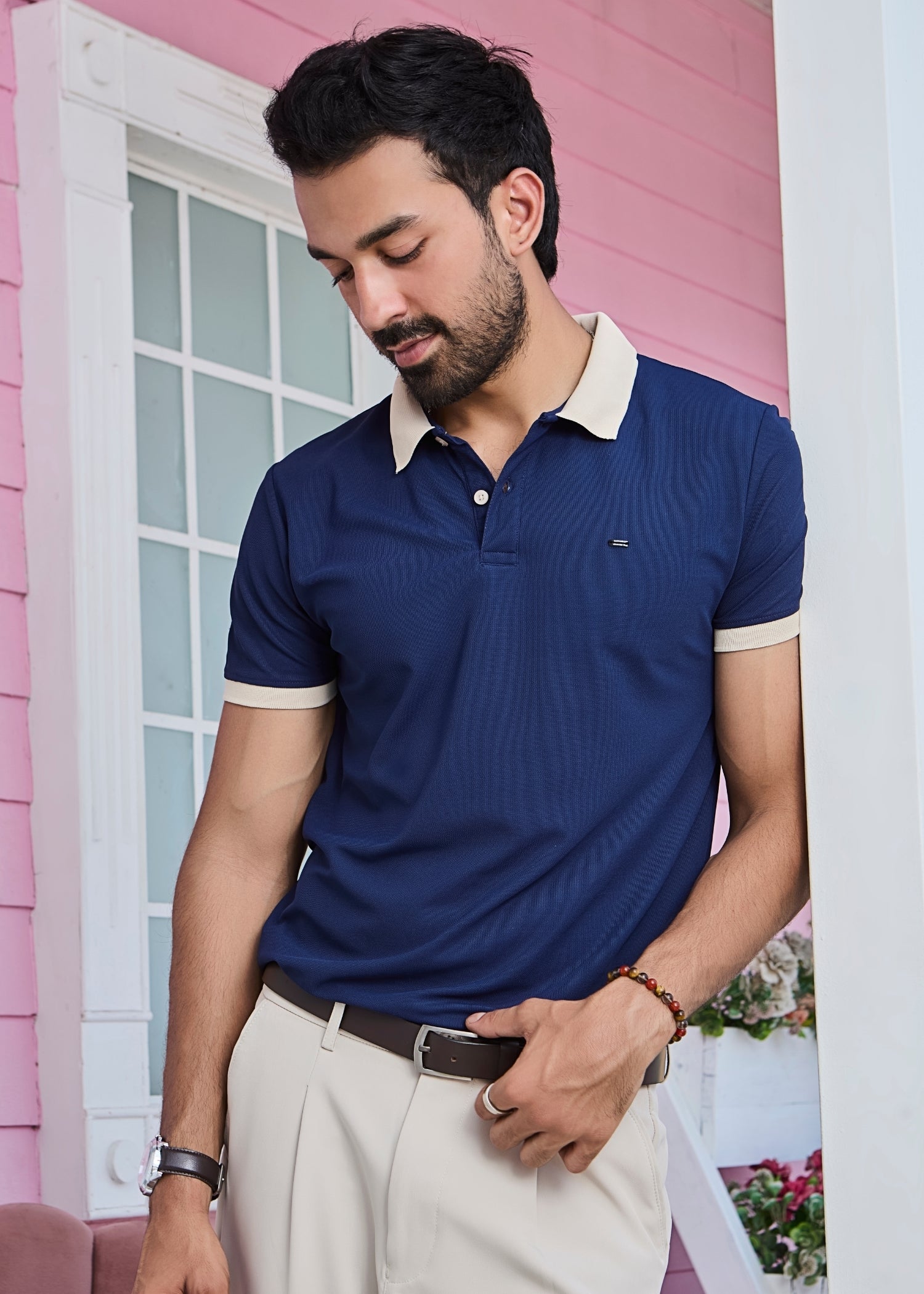 Mary Solid Polo T-Shirt: Navy